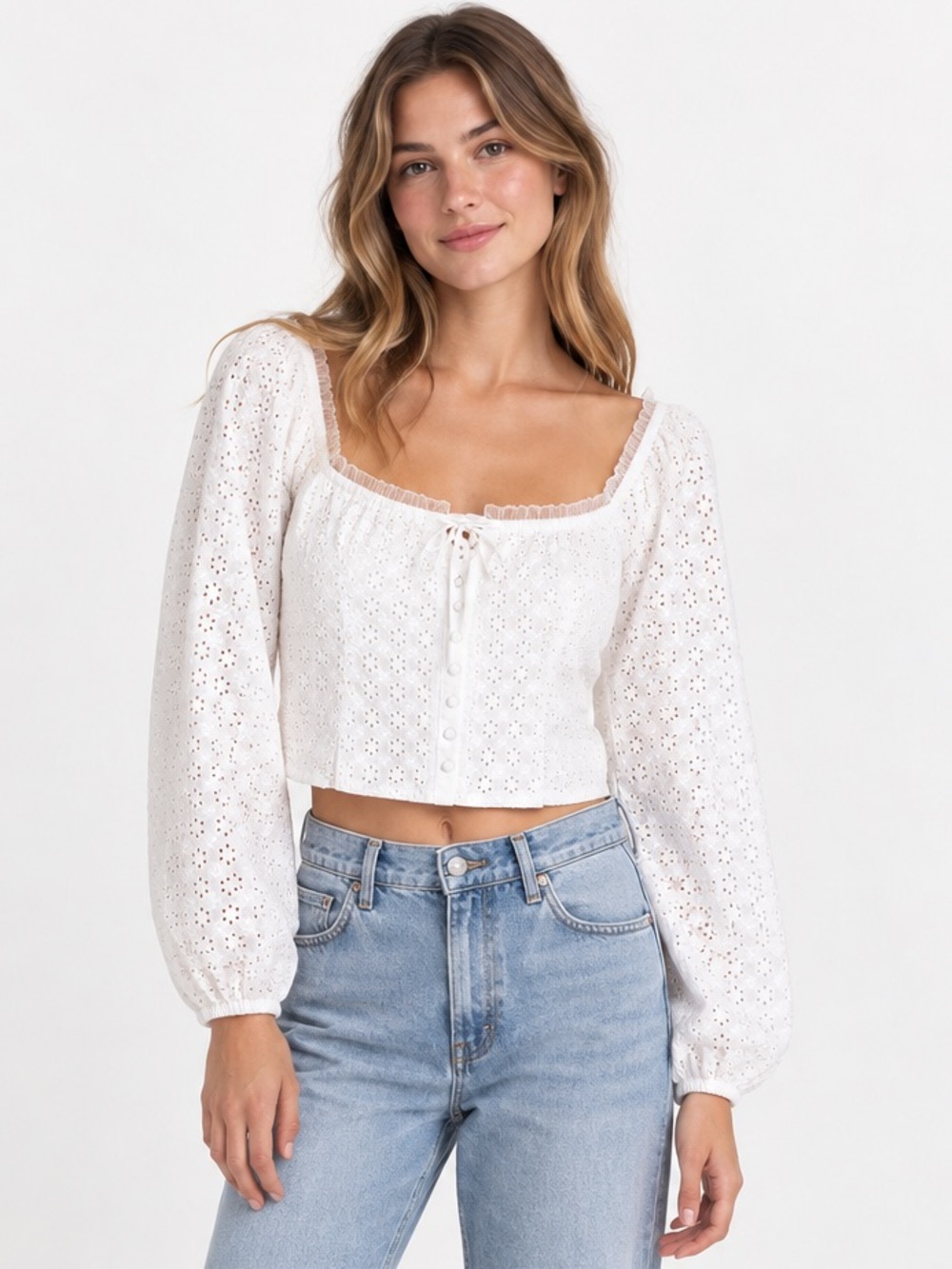 Joie White Eyelet Long Sleeve Top Size Medium Boho Cottagecore Festival western